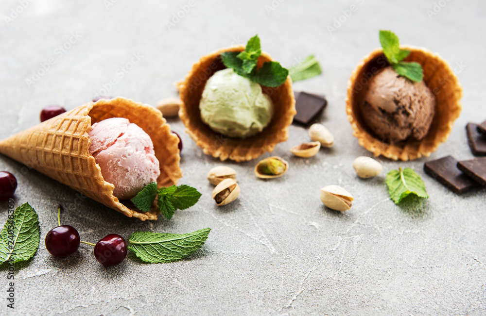 set of ice cream scoops of different colors and flavours set of ice cream scoops of different colors and flavours