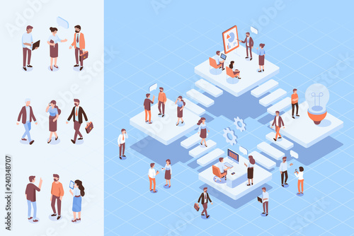 Teamwork, cooperation. Office people.Isometric people vector set. Isometric office workspace with people working together. Coworking. Flat vector illustration. 
