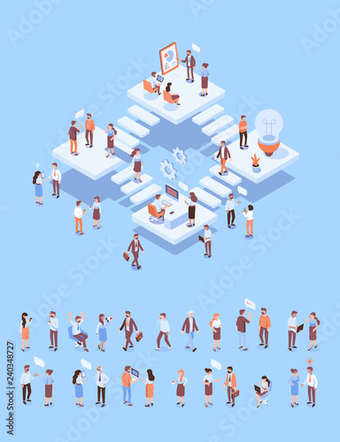 Teamwork, cooperation. Office people.Isometric people vector set.  Isometric office workspace with people working together. Coworking. Flat vector illustration.	