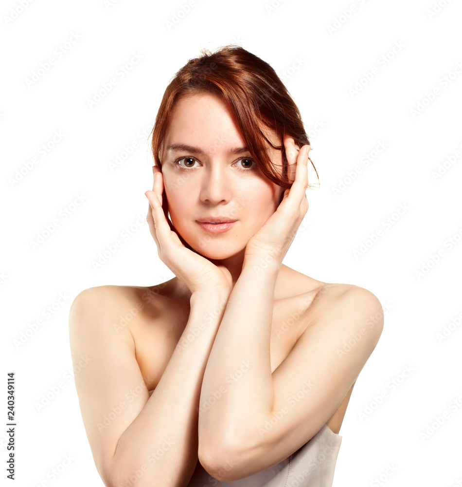Casual portrait of beautiful woman isolated on white background in studio.