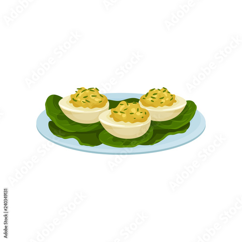 Boiled eggs stuffed with mustard and greens. Appetizing snacks on blue plate. Food theme. Flat vector icon