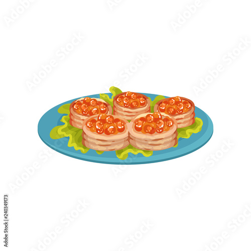 Delicious snacks with red caviar on blue plate. Appetizing food. Flat vector for cafe or restaurant menu