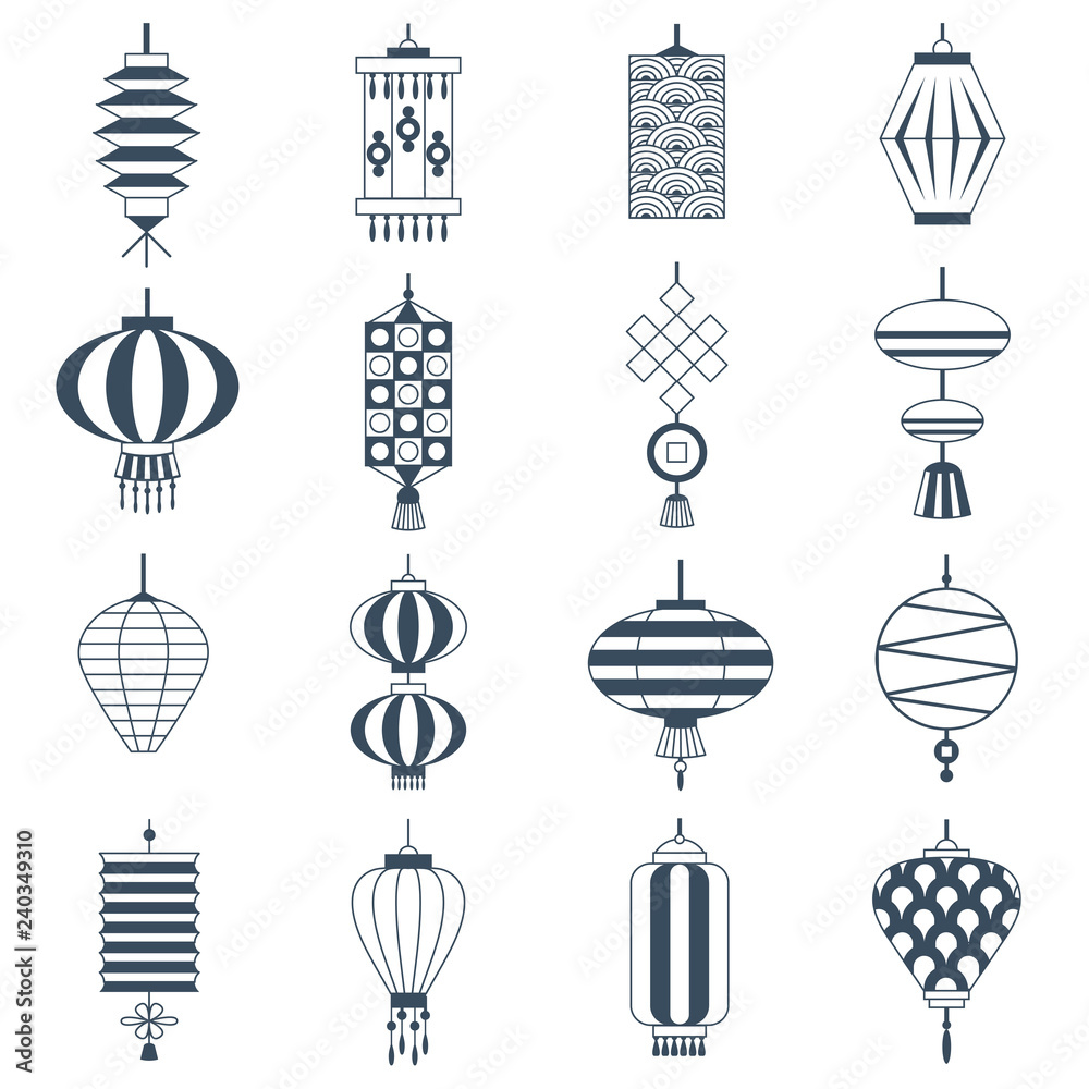 Chinese paper lantern collection icon set in line art. New Year and Spring festival decoration elements and holiday celebration symbols. Traditional japanese lanterns and lamps in outline style. Chinese paper lantern collection icon set in line art. New Year and Spring festival decoration elements and holiday celebration symbols. Traditional japanese lanterns and lamps in outline style.