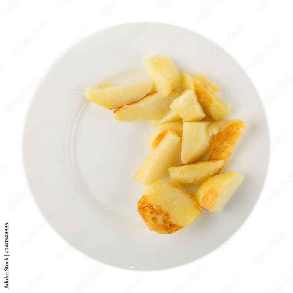 Large Pieces of Fried Potatoes on a White Plate Isolated Large Pieces of Fried Potatoes on a White Plate Isolated