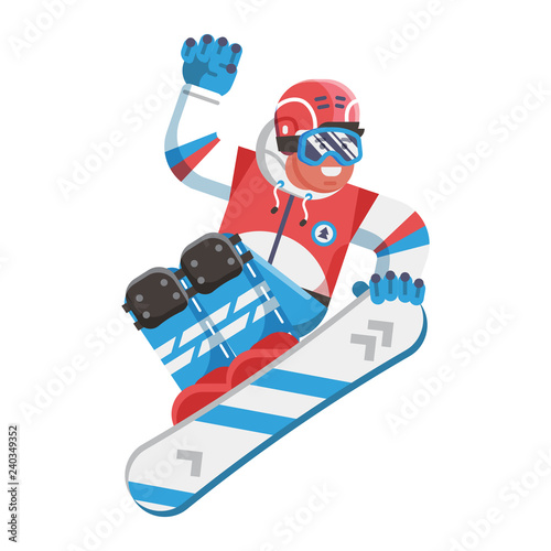 Cartoon freeride skier on snowboard in flat design. Freestyle snowboarder man character jumping high. Snow rider sportsman character in motion.