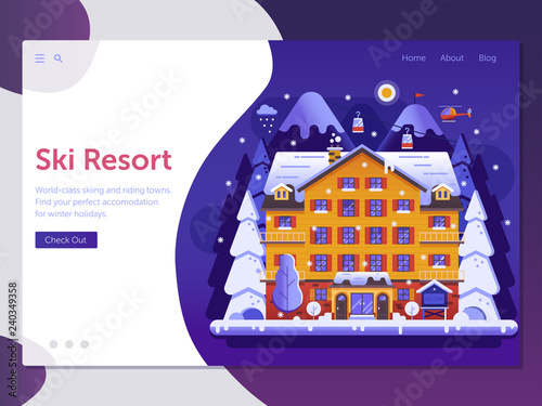 Skiing resort landing page template with ski hotel, funiculars and Alps mountain landscape in flat design. Winter holidays in mountains web banner with snow slopes, vacation villa and funiculars.