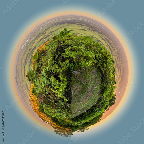 Tiny planet view of Cambewarra lookout at sunset in the summer, with Berrys Bay in the background