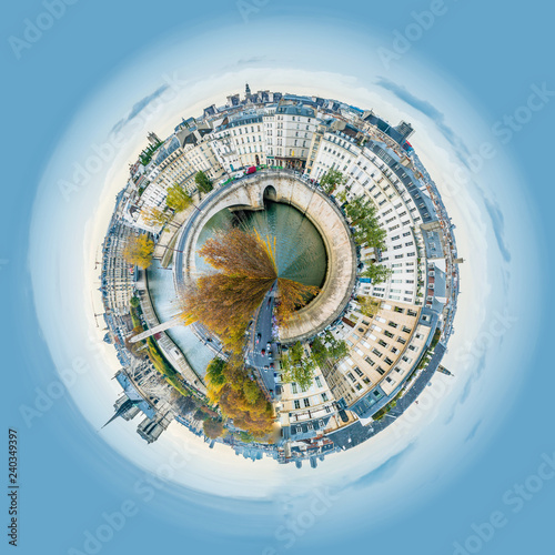 Little planet view of Panorama of Notre-dame-de-Paris and Seine river in Paris in autumn