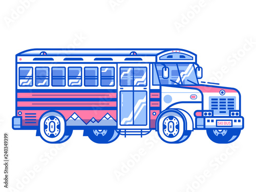 Ski shuttle bus logo template in line art. Skibus service icon in flat design. photo