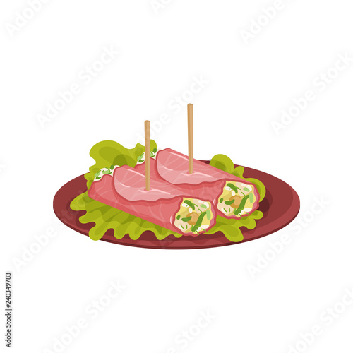 Ham rolls with cheese and greens. Delicious food for holiday banquet. Tasty snacks. Flat vector design