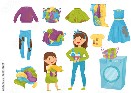 Flat vector set of laundry icons. Baskets with dirty clothes. Washing machine. Cartoon girls doing household chores