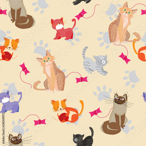 Cute cats and kittens, seamless pattern with Pets playful and beloved animals, vector illustration
