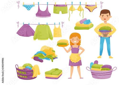 Flat vector set of cartoon laundry icons. Clean clothes on ropes, baskets with dirty garment, smiling housewife and boy