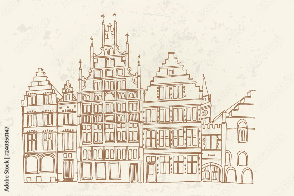 Vector sketch of embankment Graslei and medieval buildings. Former center of the medieval harbor. Ghent, Belgium.