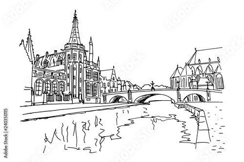 Vector sketch of embankment Graslei and medieval buildings. Former center of the medieval harbor. Ghent, Belgium.