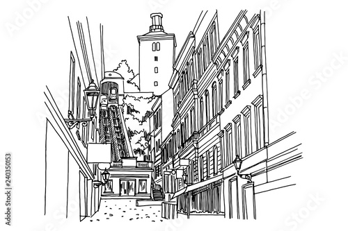 vector sketch of funicular and Lotrscak tower in Zagreb. Croatia.