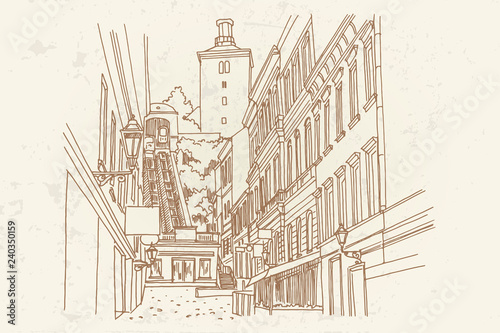 vector sketch of funicular and Lotrscak tower in Zagreb. Croatia.