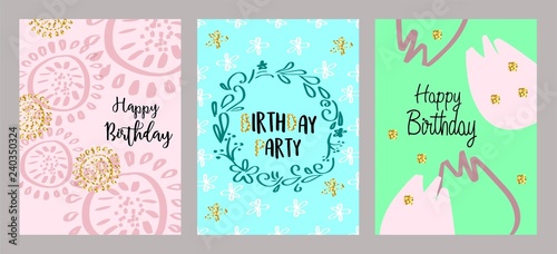 Set of 3 cute creative cards templates with Happy birthday theme design. Vector illustration.