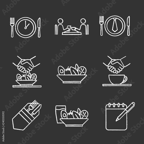 Business lunch chalk icons set