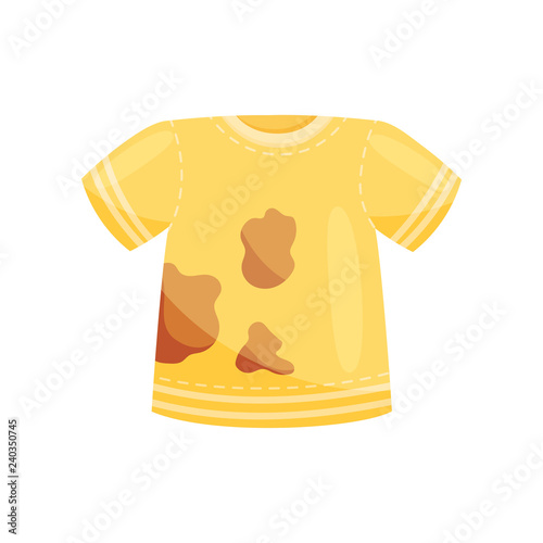 Flat vector icon of bright yellow t-shirt with brown spots. Clothes for washing. Dirty garment