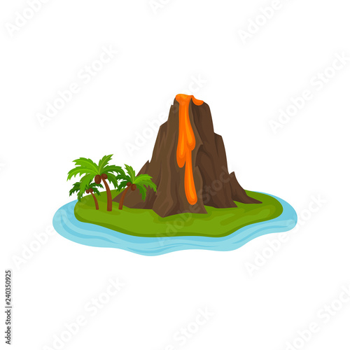 Volcano on small green island surrounded by water. Hot lava flowing from mountain rocks. Flat vector icon