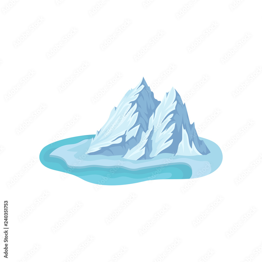 Large frozen mountain and blue water. Northern scenery. Natural flat vector element for mobile game