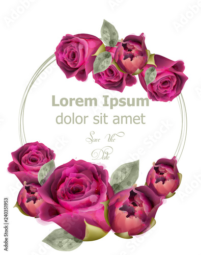 Pink roses watercolor card template Vector. Invitation card, wedding ceremony...