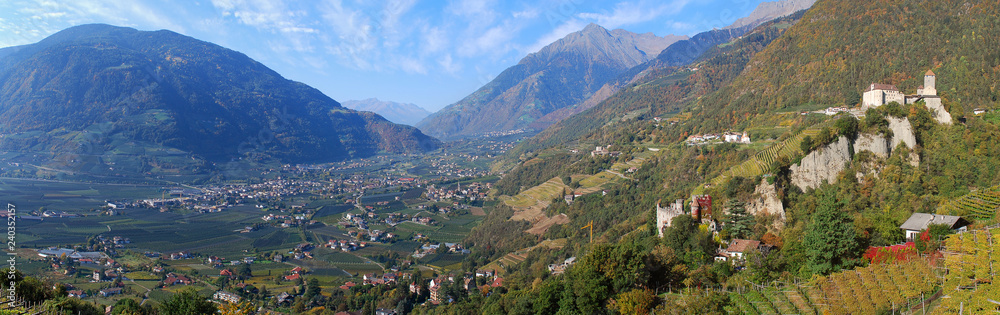Panorama view on valleys and mountains in the italian alps, nearby Meran, South Tyrol, Italy Panorama view on valleys and mountains in the italian alps, nearby Meran, South Tyrol, Italy