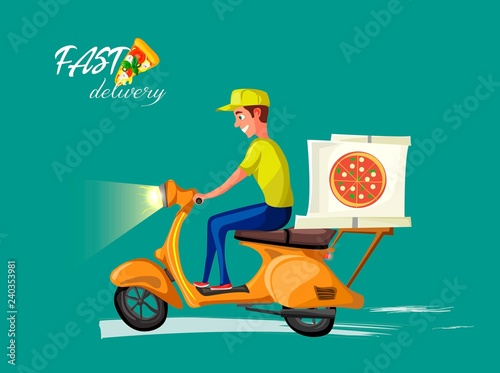 Fast and free delivery by scooter. Vector cartoon illustration. Food service.