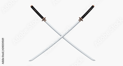 two crossed katana isolated on white background 3d rendering