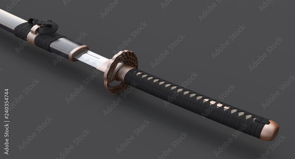 Fototapeta premium Japanese sword Katana sneath and tsuba - on dark background 3d illustration