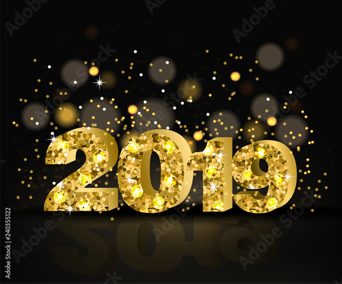 2019 Golden text with glitter Vector. Happy New Year template. Merry Christma...