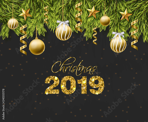 Merry Christmas golden glitter balls card Vector. Realistic 3d detailed illus...