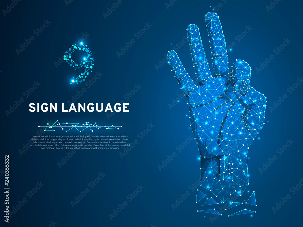 Sign language number nine, fillip, flick, finger kick, ok, yes gesture. Polygonal low poly. Deaf People silent communication alphabet. Connection wireframe. Vector 9 on dark blue background Sign language number nine, fillip, flick, finger kick, ok, yes gesture. Polygonal low poly. Deaf People silent communication alphabet. Connection wireframe. Vector 9 on dark blue background