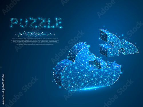Jigsaw Puzzle cloud service 3d silhouette. Business infographic presentation. Neon low poly model of database cloud in form of puzzle. Polygonal connection with wireframe. Vector network illustration