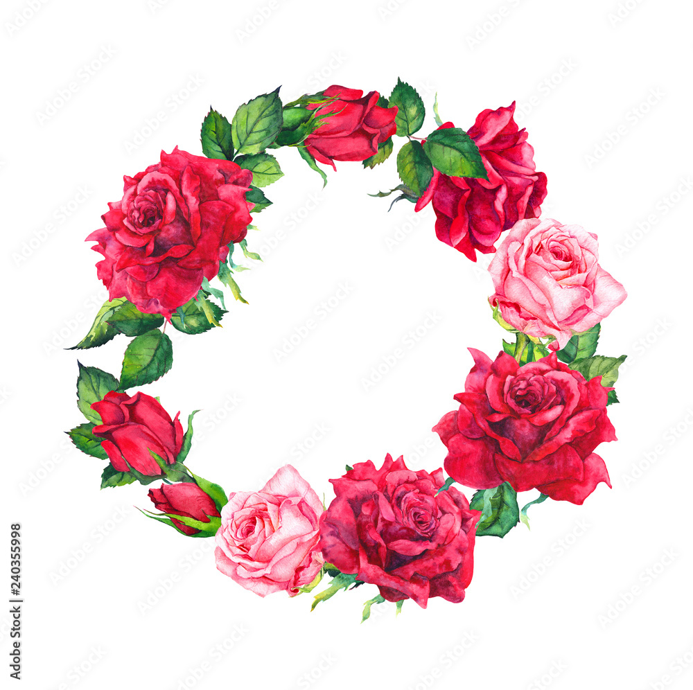 Red and pink rose flowers wreath. Floral round border. Watercolor for Valentine day, wedding, save date card Red and pink rose flowers wreath. Floral round border. Watercolor for Valentine day, wedding, save date card