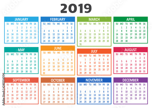 Colorful calendar 2019. Week starts from Sunday. Vector illustration