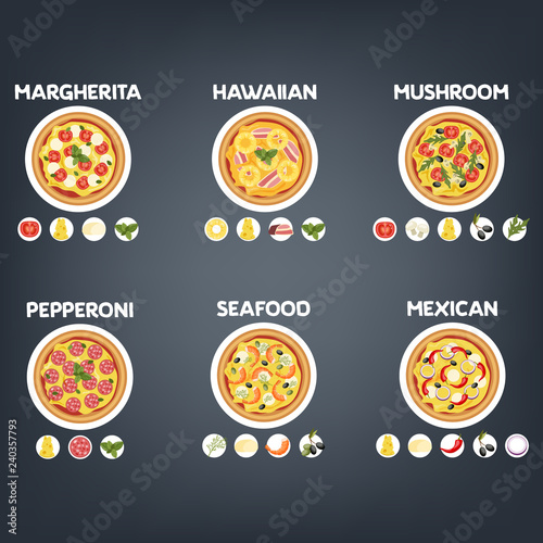 Pizza of different types set. Margherita and pepperoni