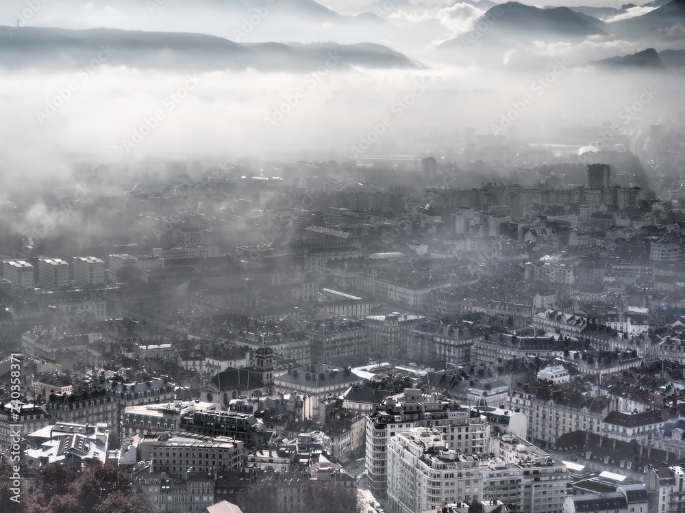 Sea of clouds above the city of Grenoble, France