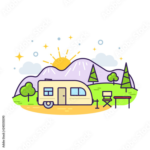 Cute flat line icon of colorful camp trailer. Vector © DruZhi Art