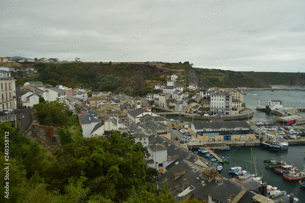 Aerial View Of The Port And The Houses Of The Town Of Luarca. July 30, 2015. Travel, Nature, Vacation. Luarca, Asturias, Spain.