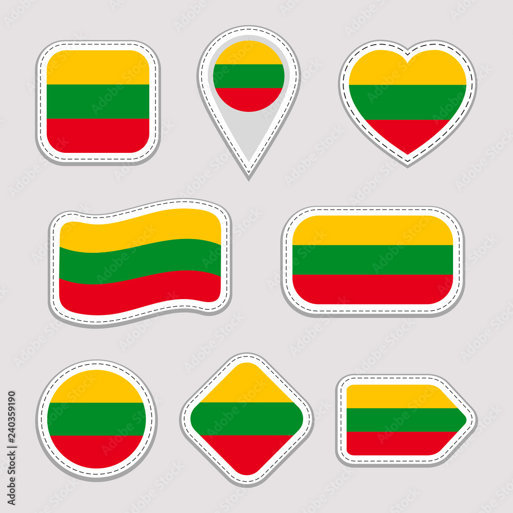 Lithuania flag stickers set. Lithuanian national symbols badges. Isolated geometric icons.Vector official flags collection. Sport pages, patriotic, travel, school, design elements. Different shapes. Lithuania flag stickers set. Lithuanian national symbols badges. Isolated geometric icons.Vector official flags collection. Sport pages, patriotic, travel, school, design elements. Different shapes.