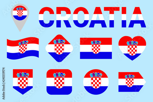 Croatia flag vector set. Different geometric shapes. Flat style. Croatian flags collection. For sports, national, travel, geographic design elements. isolated icons with state name.