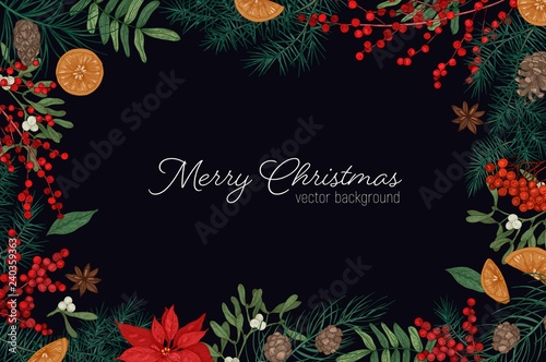 Elegant frame or border made of branches and cones of fir and spruce trees, mistletoe berries and leaves hand drawn on black background and Merry Christmas holiday wish. Seasonal vector illustration.