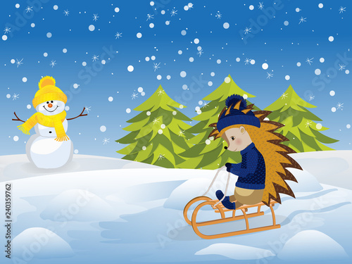 Горка Hedgehog on sledge. Christmas and New Year card. Vector illustration. Isolated on a white background.