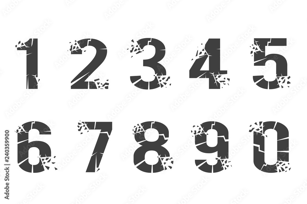 Breaking cracked pieces digits numbers set design vector illustration ...