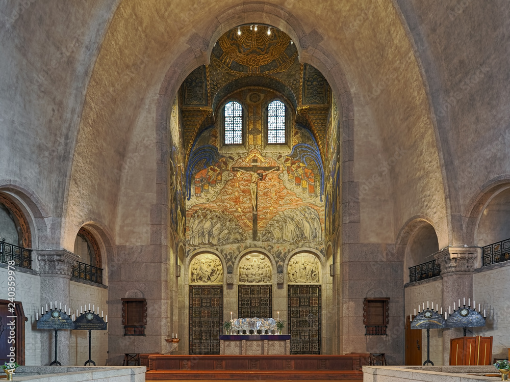 Choir and altar of Engelbrekt Church (Engelbrektskyrkan) in Stockholm, Sweden. The church was completed in 1914 by design of Lars Israel Wahlman. The choir painting created by Olle Hjortzberg in 1914.