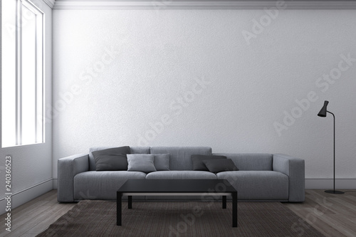 Contemporary living room sofa and window with white wall background. 3D illustration