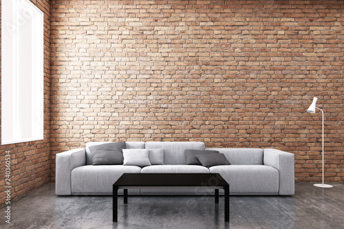 Contemporary living room sofa and window with brick wall background. 3D illustration