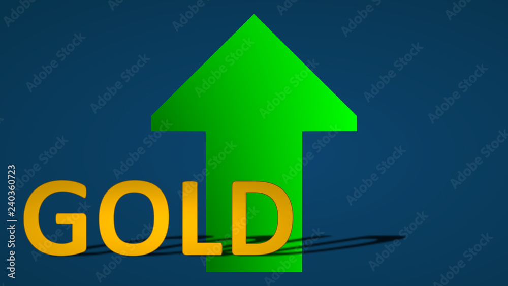 The price of the commodity gold is going up. A green arrow behind the word gold is showing upwards on a blue background and symbolizes the price rise or grow of the metal gold.